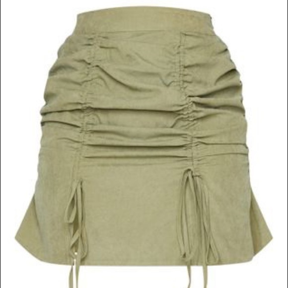 Khaki Faux‎ Suede Double Ruched Detail Mini Skirt - Picture 1 of 8